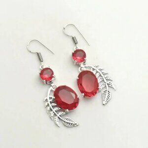Natural Garnet Gemstone Sterling Silver Drop Dangle Earrings